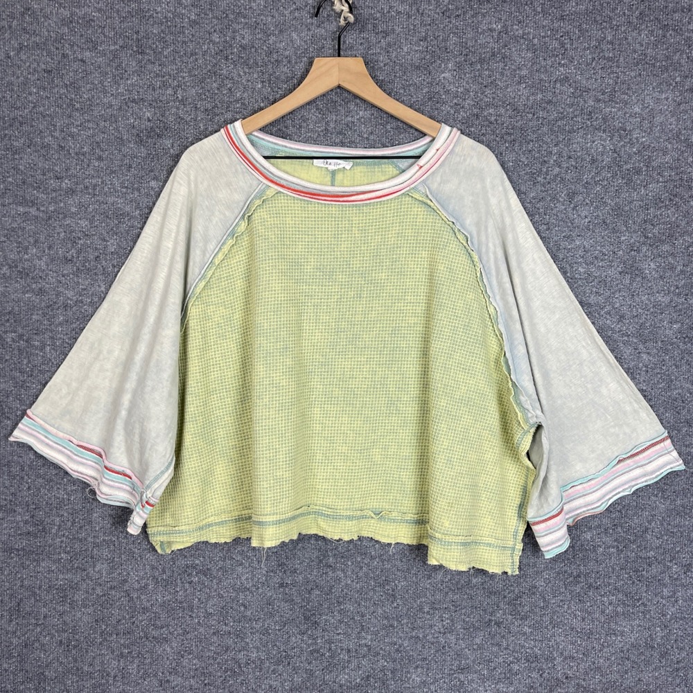 Oli & Hali Waffle Knit Top Womens Medium Green Excellent Raw Hem